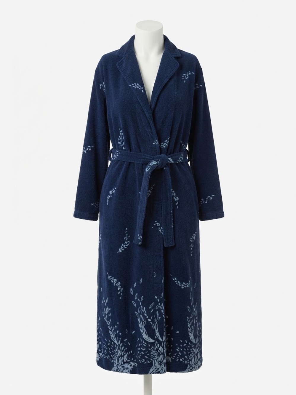 Vintage West Germany Terry Robe Navy Blue Leaf Print Long Cotton Bathrobe Sz 44